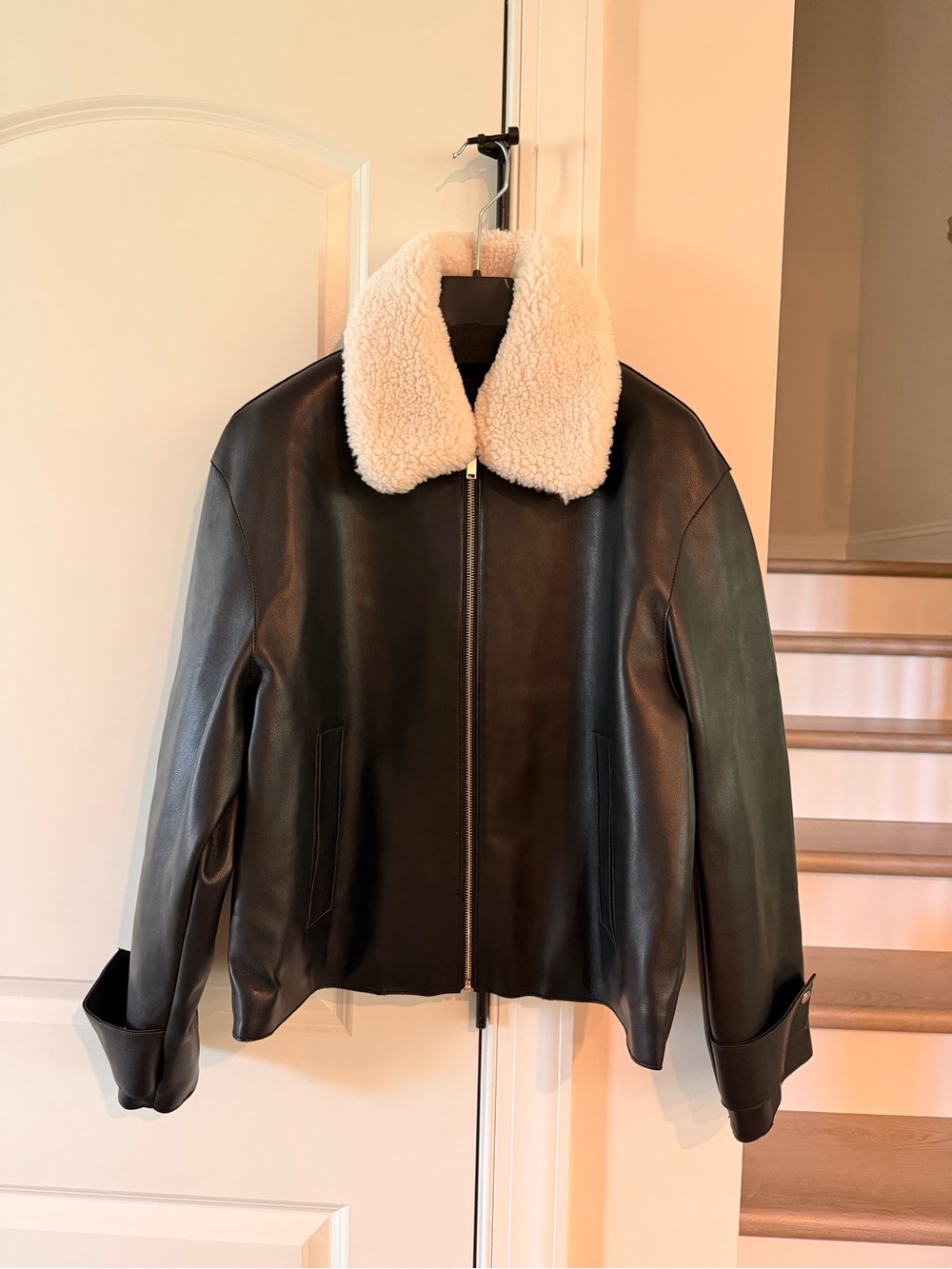 Mango Black Faux Leather Jacket with Cream Sherpa Collar